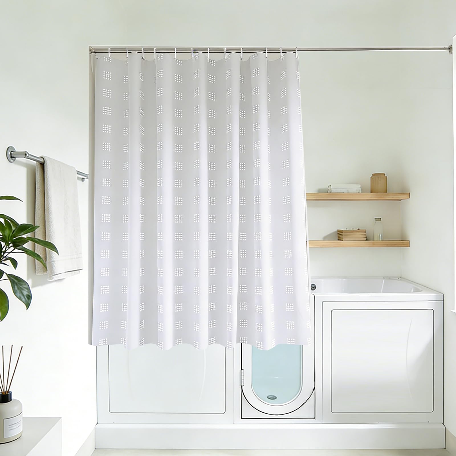 YISURE Extra Short Shower Curtain, White Textured Small Shower Curtain for Step In Tub, Waterproof Fabric Shower Curtain with Weighted Bottom and Plastic Hooks 71" W x48 L /180x122cm