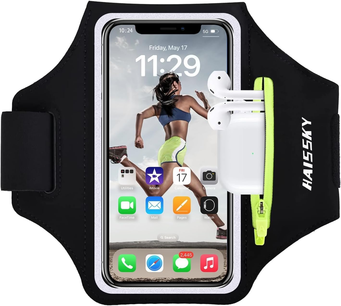 Running Armband Phone Holder for Running with Airpods Zipper Pocket Cell Phone Armband Holder Sweatproof Sports Gym Case Fits iPhone 16/15/14/13/12/11Pro Max with Touchscreen up to 6.9"