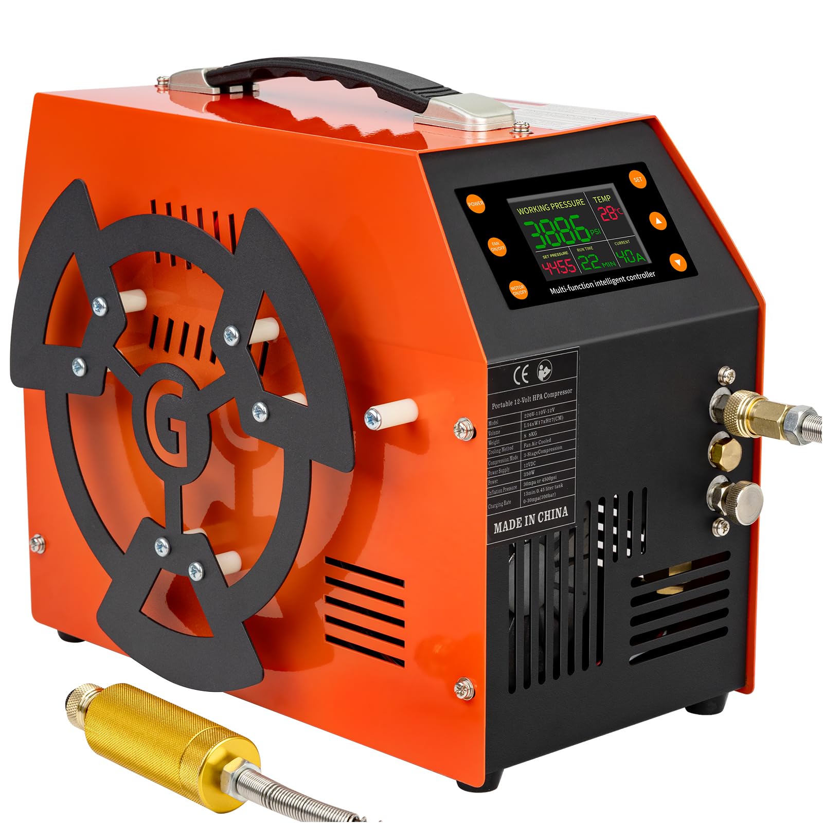 Compresor de aire PCP 4500 PSI / 30 MPa, motor de 350 W, pantalla LCD, parada automática, sin agua/aceite, adaptador incorporado de 600 W, alimentación de 12 V CC y 110 V/220 V CA para tanques de paintball, pistolas de aire y rifles de aire, naranja