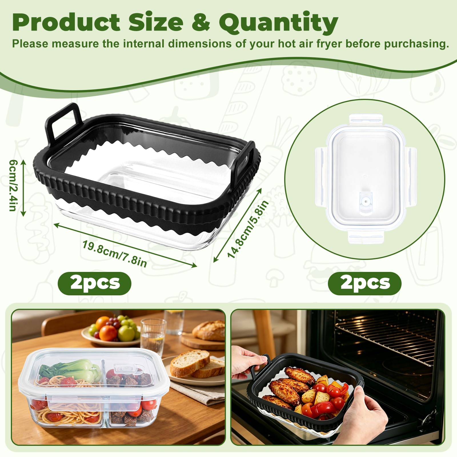 Glas Auflaufform für Airfryer, 2 Stück Auflaufform Airfryer mit Deckel & Silikongriffen, Universelles Heißluftfritteusen Zubehör für Cosori, Ninja, Philips, Herausnehmbarer, BPA-frei 2