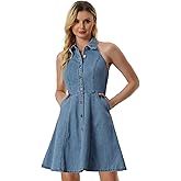 Allegra K Lightweight Denim Dresses for Women's Button Down Sleeveless Halter Neck Jean Dress