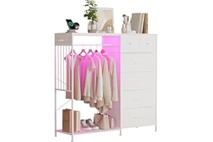 6 Drawers Dresser for Bedroom with Hanging Rack, LED Lights & Charging Station, Wooden Top Storage Chest of Drawers with Char