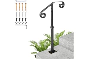 SPACEEUP Handrails for Outdoor Steps, 38.8" Single Post handrail Fit 1-2 Steps Outdoor Stair Railing, Wrought Iron Handrail,Transitional Porch Railings for Concrete Steps or Wooden Stairs with Base