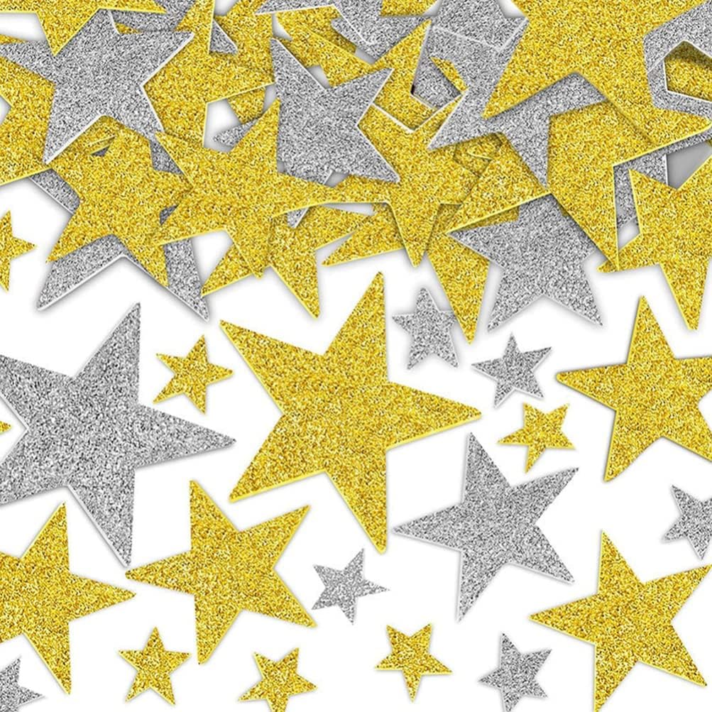 100pcs Star Foam Stickers for Children, Glitter Gold Silver Star Stickers Self Ahesive EVA Foam Stickers for Kids Christmas New Years Eve Crafts Gifts Cards DIY Rewards Education Star Puzzle Toys