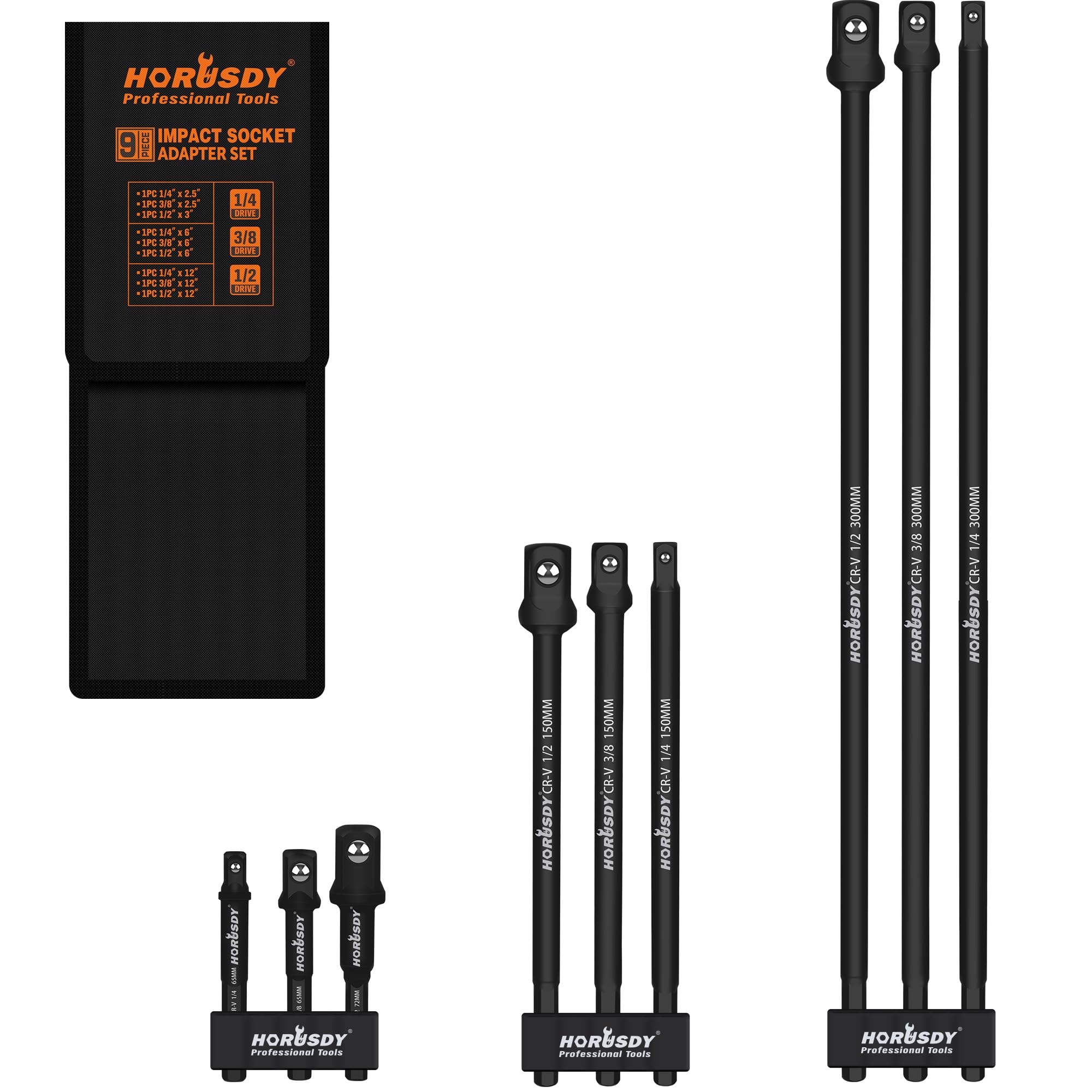 Photo 1 of HORUSDY 9-Piece Impact Sockets Adapter Sets, 3-Inch 6-Inch and 12-Inch Hex Shank 1/4" 3/8" 1/2"