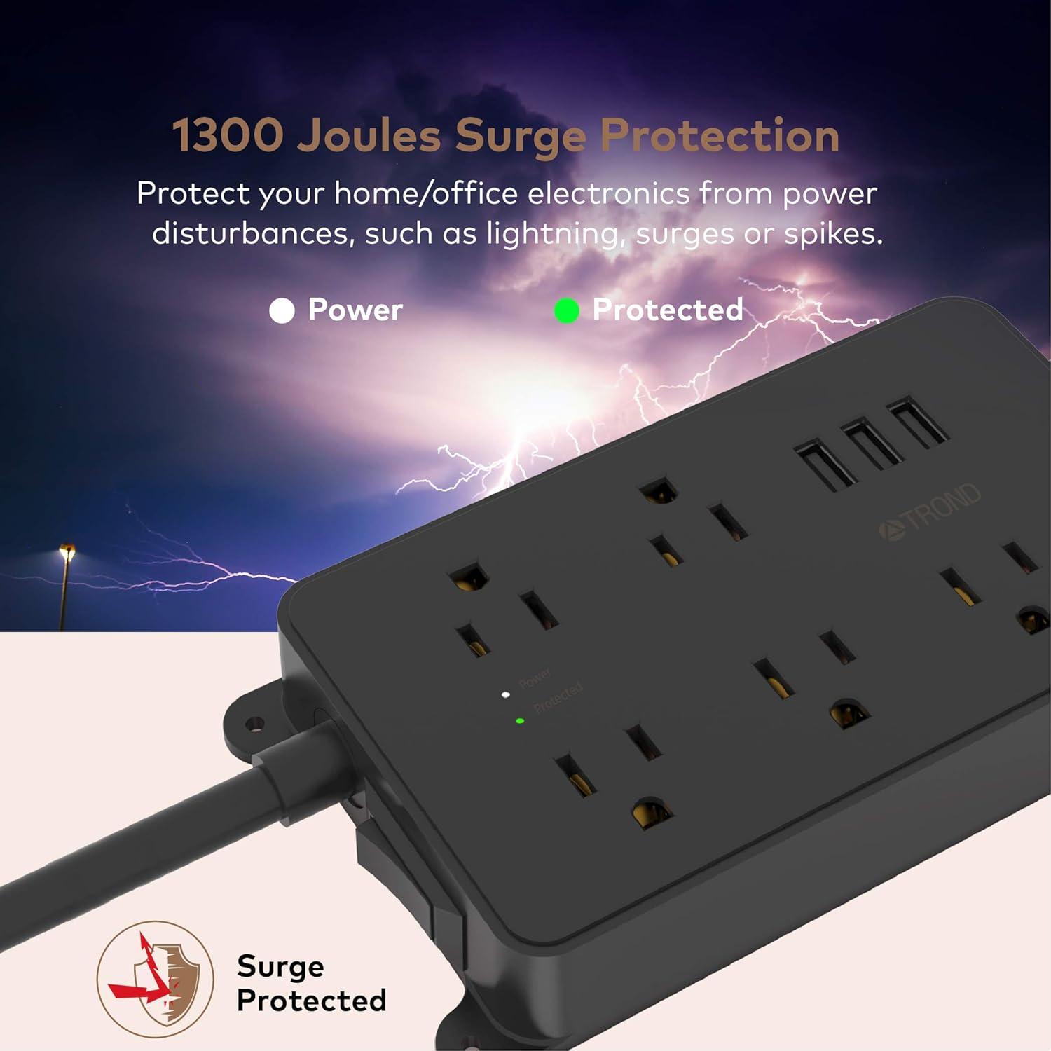 Power Strip with USB, TROND Surge Protector Flat Plug with 5 Widely-Spaced Outlets, ETL Listed, 1300 Joules, Wall Mountable 5ft Extension Cord, for Kitchen Garage Laundry Room Behind TV, Black: Electronics