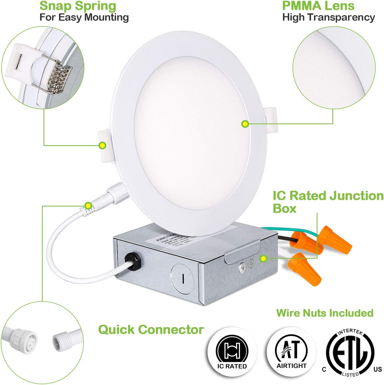 12 Pack 6 Inch Recessed Lighting with Junction Box, CRI90, 14W=100W, 5000K Daylight White, 1100lm, Dimmable Ultra-Thin LED Downlight, Canless LED Recessed Ceiling Light, ETL - - 