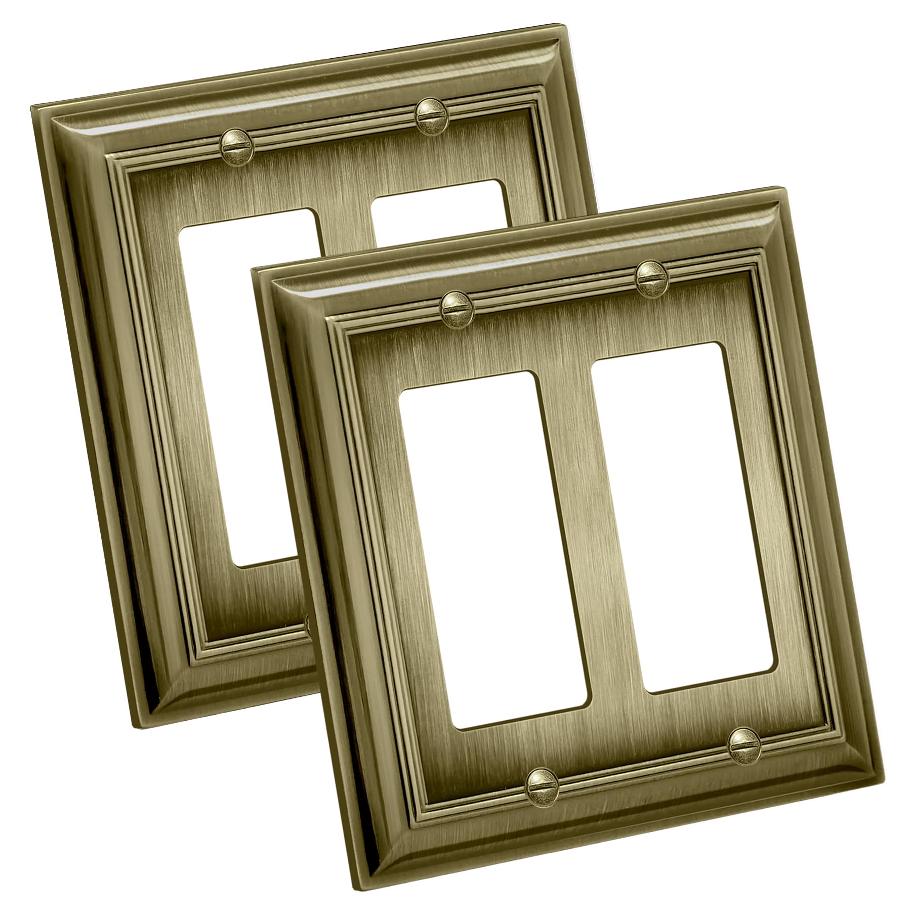 Photo 1 of [2 Pack] BESTTEN Grand Collection 2 Gang Zinc Alloy Aged Brass Metal Decor Wall Plate, Decorator Antique Brass Outlet and Switch Cover, Durable Corrosion Resistant