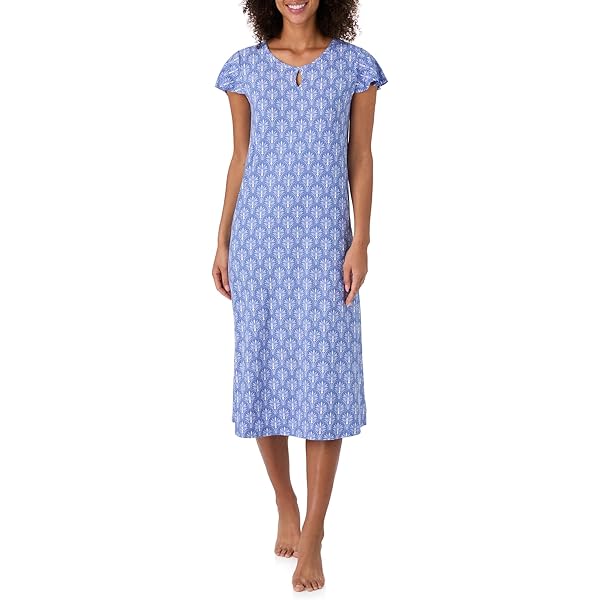 Lands' End Womens Cotton SS Midcalf Nightgown Deep Sea Navy/ivory Floral  Petite X-Small at Amazon Women's Clothing store