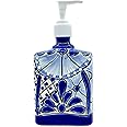 Blue and White Ceramic Soap and Lotion Dispenser, for Kitchen or Bathroom Countertops - Hand Painted Mexican Talavera Pottery Rust Proof Pump Jabonera Azul y Blanco