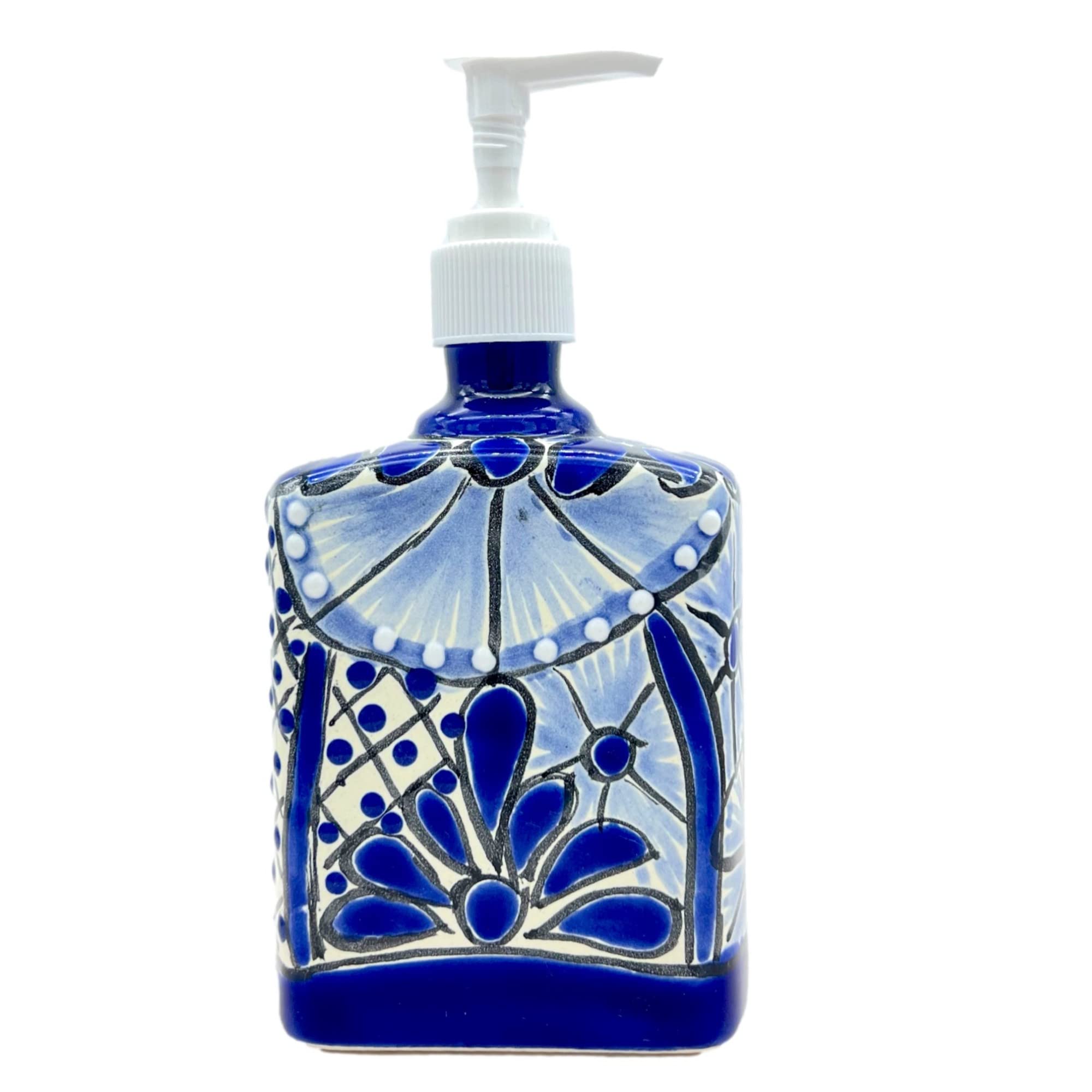 Blue and White Ceramic Soap and Lotion Dispenser, for Kitchen or Bathroom Countertops - Hand Painted Mexican Talavera Pottery Rust Proof Pump Jabonera Azul y Blanco