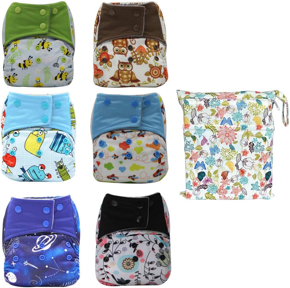 AIO Reusable Washable Cloth Diaper Nappy Charcoal Bamboo Insert Overnight (6PCS Diapers +1PC Wet Bag) (Group-C)