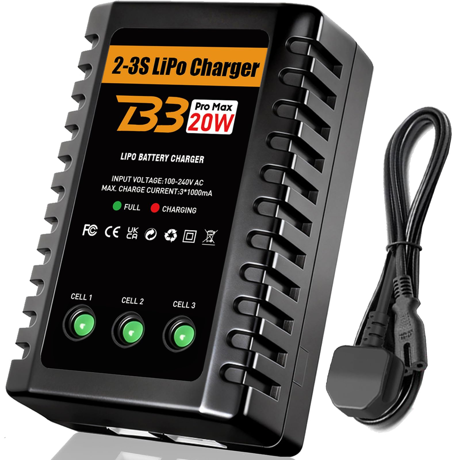 HTRC Lipo Battery Charger, 20W Lipo Charger for 2-3S Lipo Battery Pack(7.4V-11.1V), Airsoft Battery Charger, Fast RC Balance Charger for RC Car, Airsoft Gun, RC Boat, Etc