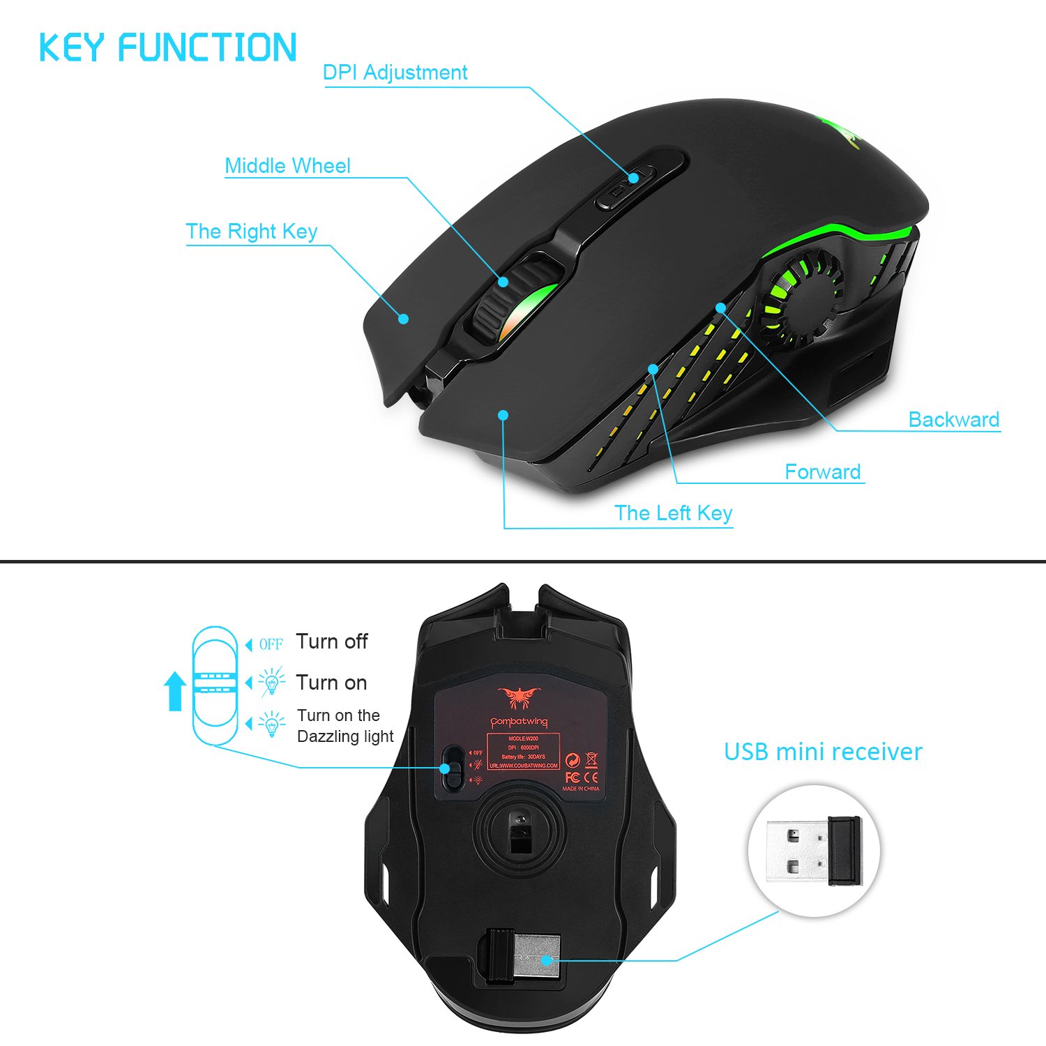 Wireless Wired Gaming Mouse,Dual-mode 2.4GHz Rechargeable Optical Mice with USB Receiver,6000 DPI 6 Adjustable DPI Levels,6 Color Breathing Lights for Laptop PC Mac Pro and Computer(Black)