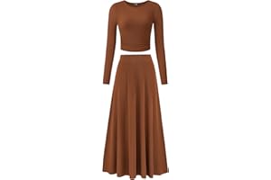 BTFBM Two Piece Skirt Sets For Women 2024 Trendy Fall Outfits Ribbed Knit Long Sleeve Crop Top Flowy Maxi Skirt Set