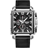 senstone Men's Square Chronograph Quartz Watch Waterproof Luminous Wristwatch with Date Calendar, Leather Strap Stylish Casual Dress Watch for Men