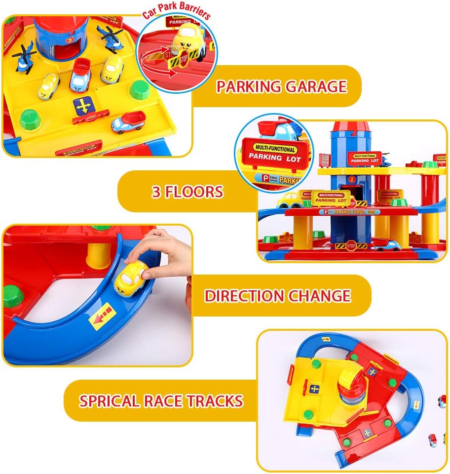 unanscre 3-Level Car Parking Garage Toy, Parking Lot Garage Building Playset, Race Tracks Car Ramp Toy with Elevator, 2 Helicopters and 4 Toy Vehicles, for Boys, Kids, Toddlers Age 3+: Toys & Games