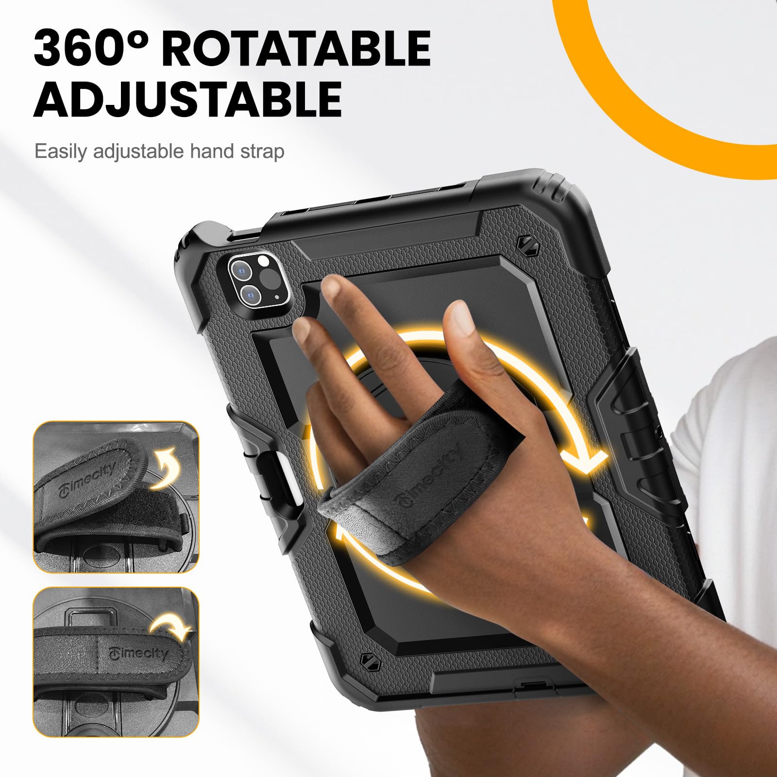 Timecity Case for iPad Pro 11 inch 1st, 2nd, 3rd, 4th Generation 2018/2020/2021/2022 (NOT for 2024), Heavy Duty Rugged Protective Case with Screen Protector,Pencil Holder,Rotating Stand&Handle-Black