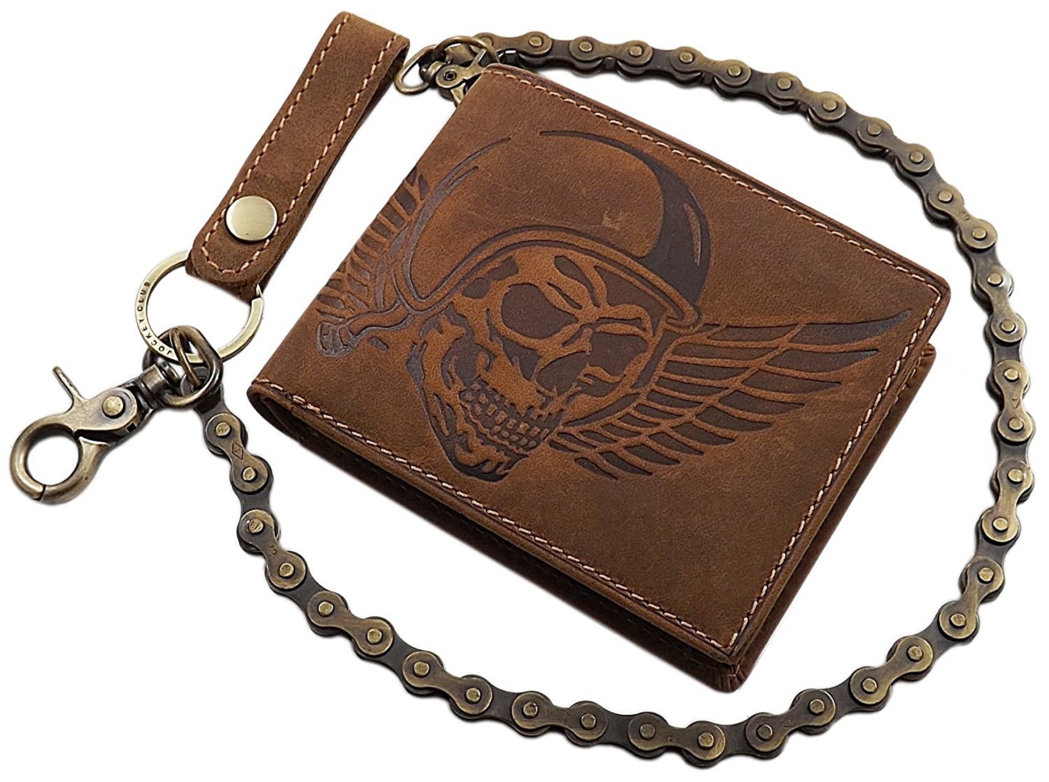 myledershop Buffalo Full Leather Biker Wallet with Metal Chain with Skull Motif in Portrait Format or Landscape Format with RFID & NFC Blocking in Brown (Model 2 / Landscape Format)
