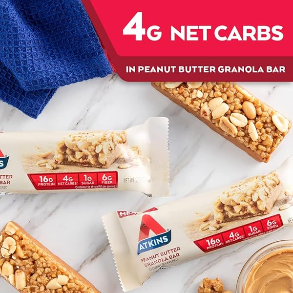 ATKINS PEANUT BUTTER GRANOLA PROTEIN MEAL BAR, HIGH FIBER, 16G PROTEIN, 1G SUGAR, 4G NET CARB, MEAL REPLACEMENT, KETO FRIENDLY, 12 COUNT