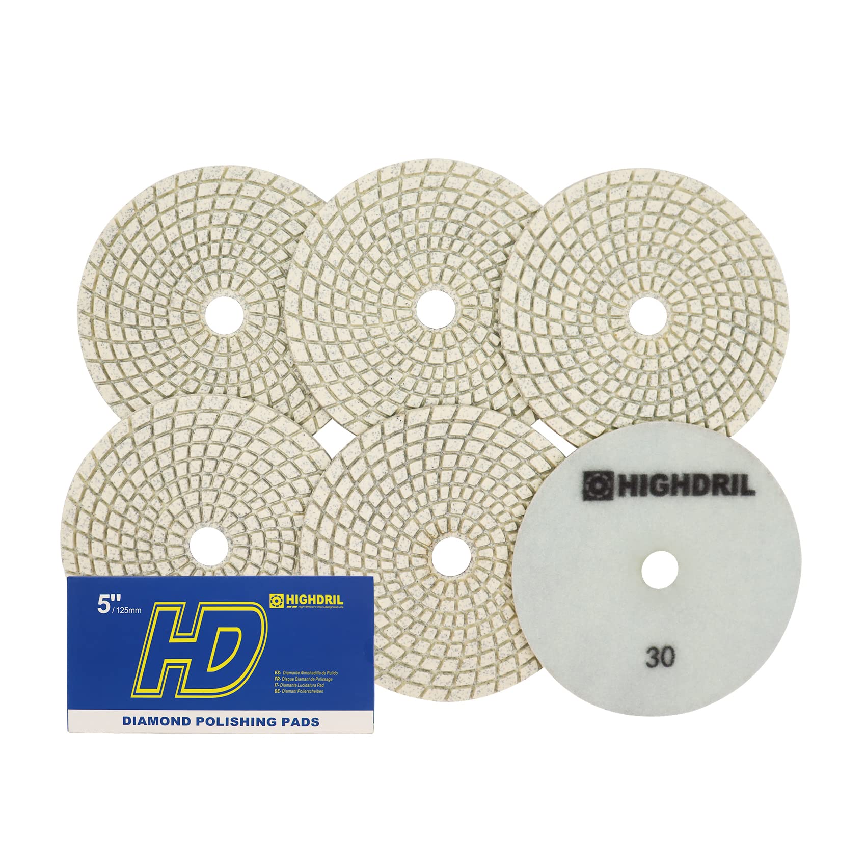 Wet Diamond Polishing Pads,HIGHDRIL 6pcs 125MM #30,for Granite Marble Sanding Used on Grinder or Polisher