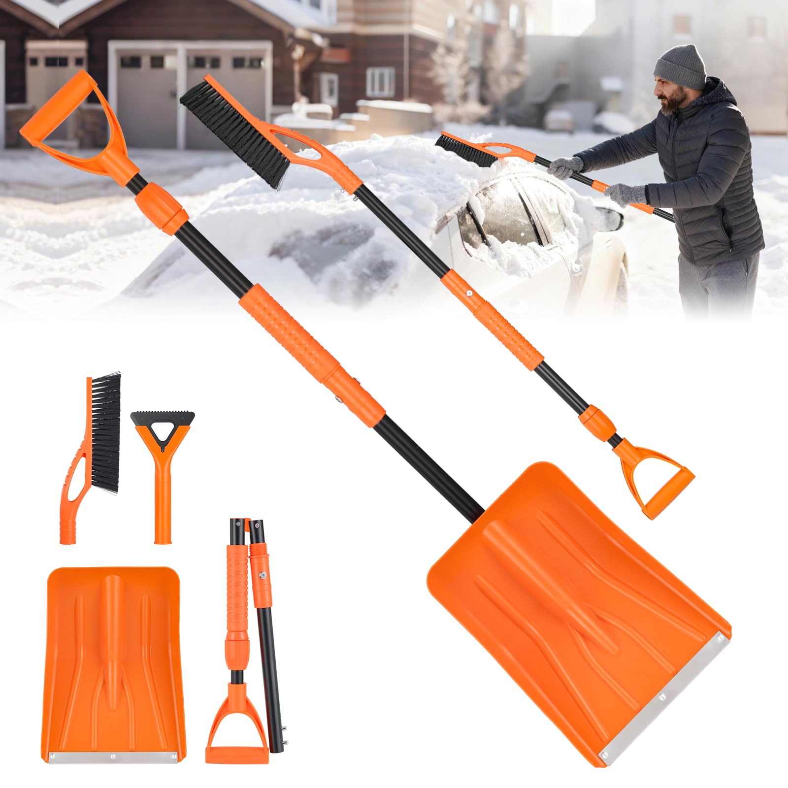 Photo 1 of 49.6" Snow Shovel Kit for Driveway Car Snow Kit with Snow Cleaning Brush Ice Scraper, Foldable Manual Snow Removal Tool, 3-Piece Detachable Winter Car Emergency Set, Orange