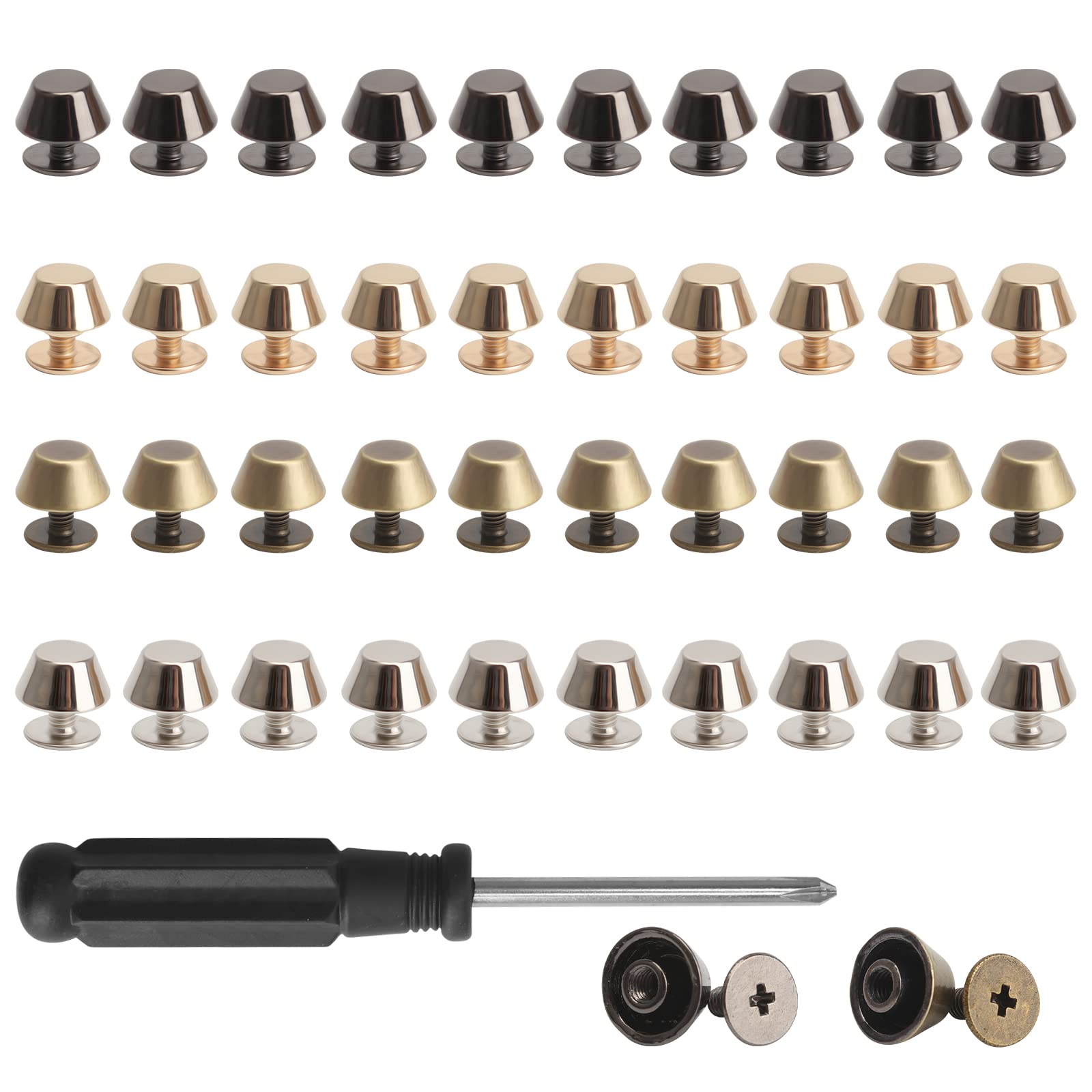 Haisheng Metal Feet Nailhead 41 Pieces Luggage Flat Stud Rivet with Screwdriver Bucket Type Foot Nailhead Kit Rivet Studs for Leather Set for DIY Leather Craft Tote Bag (4 Colors)