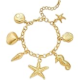 YUJIE Gold Ocean Charm Bracelet with Sea Shell, Starfish & Seahorse Charms Pendant- Boho Beach Themed Adjustable 14K Gold Plated Link Chain Bracelets for Women Vacation Hawaiian Summer