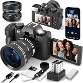 4K Digital Camera for Photography with Wide &amp; Macro Lens | WiFi Connection, Flip Screen, Auto-Focus Vlog Camera with MicroSD Card, Card Reader, 2 Batteries, Strap, Webcam Function