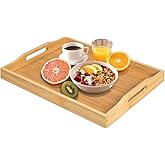 Bamboo Food Serving Tray with Handles, Breakfast Bed Tray for Tea,Snack,Dinner, Home Decorative Storage Food, Platter, Ottoman for Kitchen Counter, Bathroom, Restaurant (Beige)