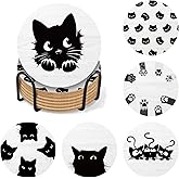 Arosedmo 6-Pack Cat Coasters with Holder, Absorbent Ceramic Coasters with Cork Backing for Drink Protection, Fun Cat Themed Gift for Office Desk Home Bar Housewarming