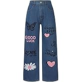 Weixinbuy Girls Jeans Wide Leg Pants Baggy Jeans for Girls Elastic Waisted Denim Pants Trendy Tween Streetwear 6-14Y