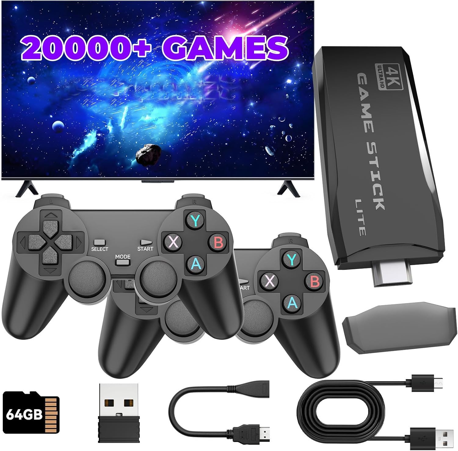 Photo 1 of Wireless Retro Gaming Console Stick,Plug and Play TV Video Games Stick Built-in Retro Drive 20000+ Games,4K HDMI Output,Dual 2.4G Wireless Controllers (64GB)