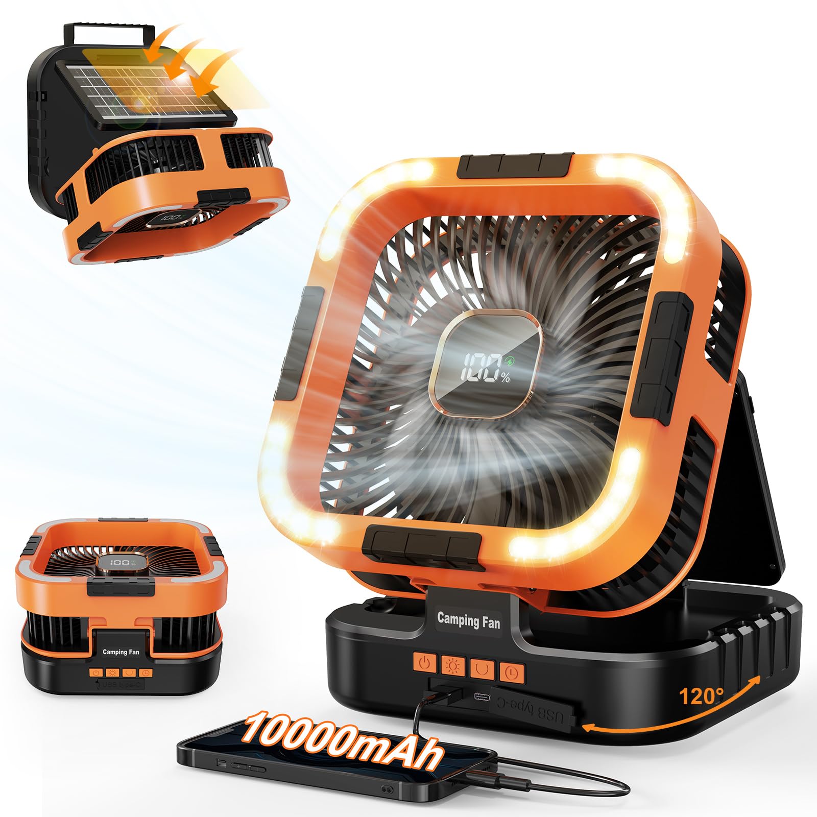 Portable Camping Fan with Solar Panel, 10000mAh Solar Powered fan, 6 Speed Levels, 120° Oscillation, 3 Light Modes, 6H Timer, Handle, Foldable Rechargeable Outdoor Fan for Tent, Hiking, Beach