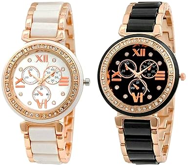 Jai Malhar Enterprise Analogue Black & White Dial Ladies & Women's Watch (2 Watch Combo) JME-34