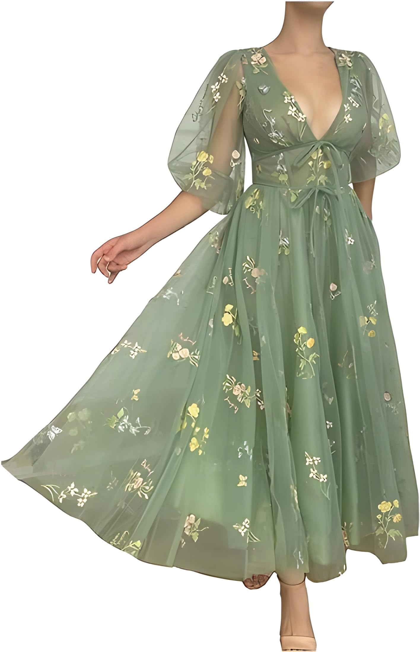 Photo 1 of ROSE IN THE BOX 80s Prom Dress for Women Floral Lace Formal Evening Party Dresses Puffy Sleeve Green Bridesmaid Dresses L