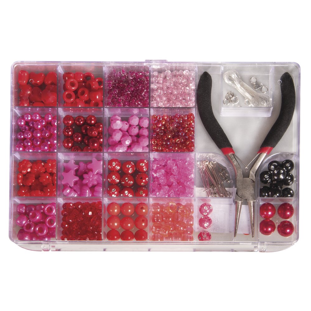 Rayher 14797264 Jewellery Making Kit with Beads in Red and Pink Shades, Findings and Round Nose Pliers, 20 x 13.5 cm