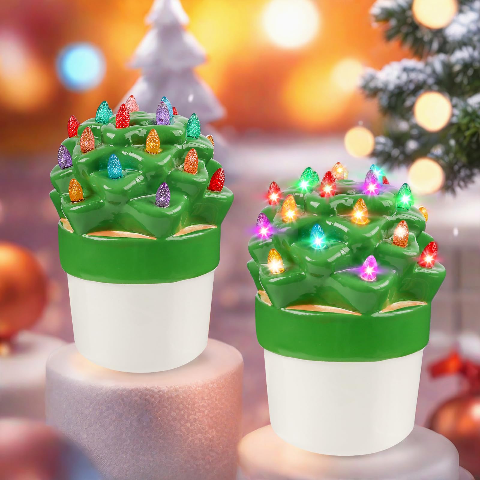 Photo 1 of 2 Pcs Ceramic Christmas Tree, Vintage Christmas Cactus Tree with Multicolored Lights, 6in Tabletop Green Ceramic Light Up Christmas Tree - Christmas Stocking Stuffers for Women