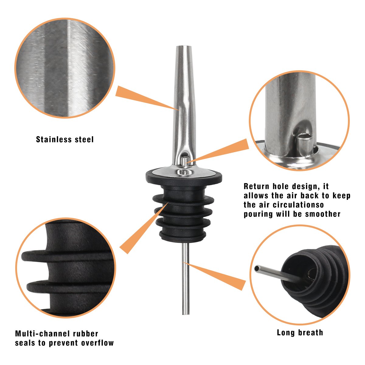Ausgießer [8 Stück/Set,Edelstahl ] Flaschenausgießer & Portionierer mit Gummistopper für Flaschen Bar Ausgießer