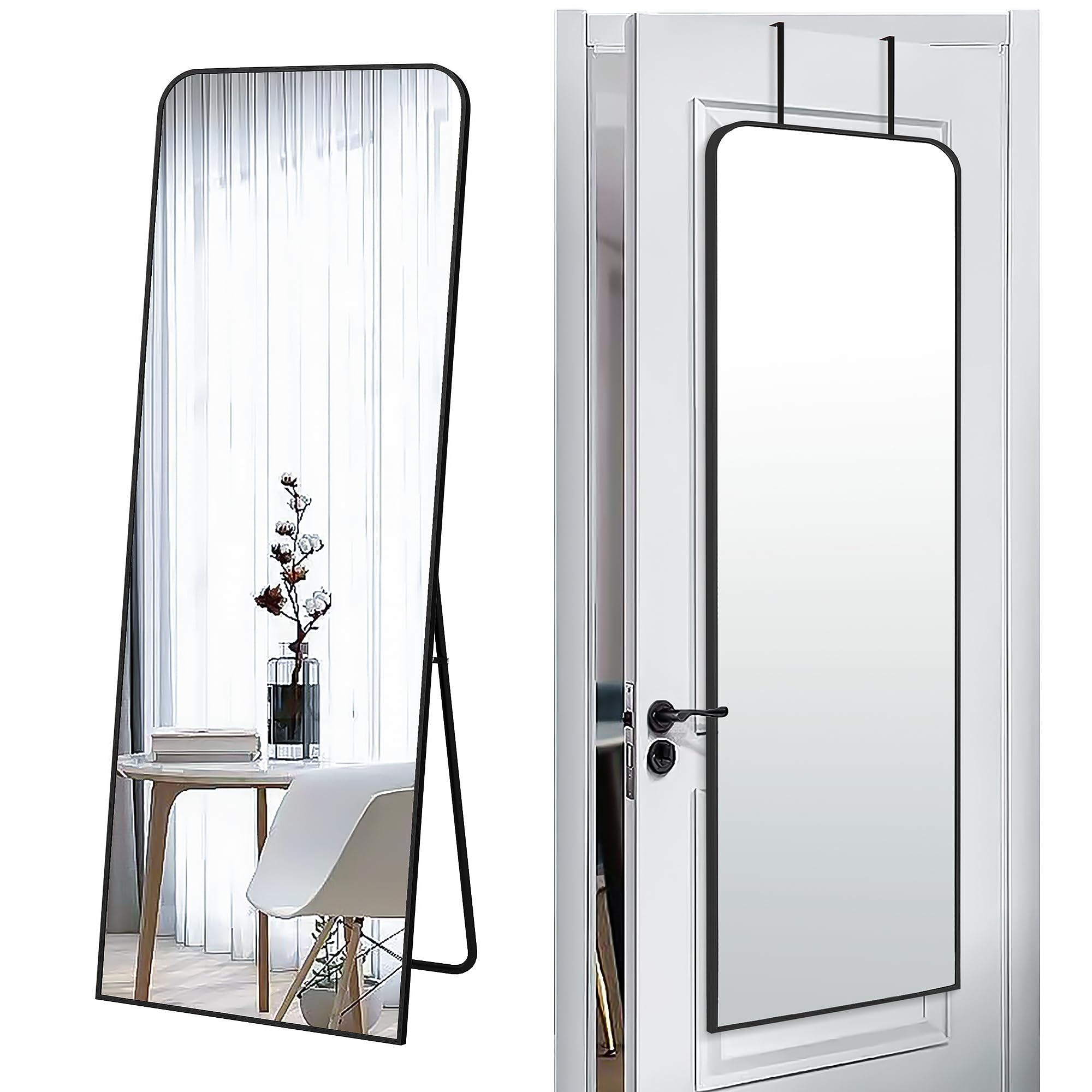 SCWF-GZ 57x20 Door Hanging Full Length Mirror, Floor (Height 5.7ft just Body in 1.3ft) or Wall Mounted Metal Frame Rectangle Dressing Mirrors for Bedroom Bathroom Living Room 57 inch Black