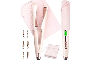 ANGENIL Pro Twist Flat Iron Hair Straightener, 2 in 1 Straightener and Curling Iron for Women, Round Pink Dual Voltage Hair Straightener with Silicone Heat Resistant Mat, 30s Fast Heating, LCD Display