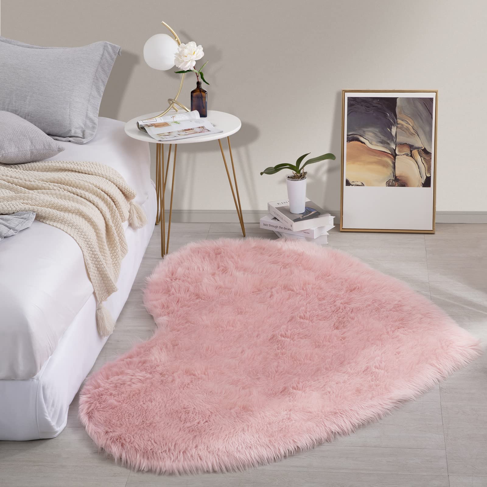 Photo 1 of HOMBYS Fluffy 4x6 Faux Fur Heart Shaped Area Rug for Living Room Bedroom, Soft Large Pink Faux Sheepskin Play Carpet for Kids Baby Girls and Pets, Plush Furry Decor Shaggy Feet Mat for Bedside