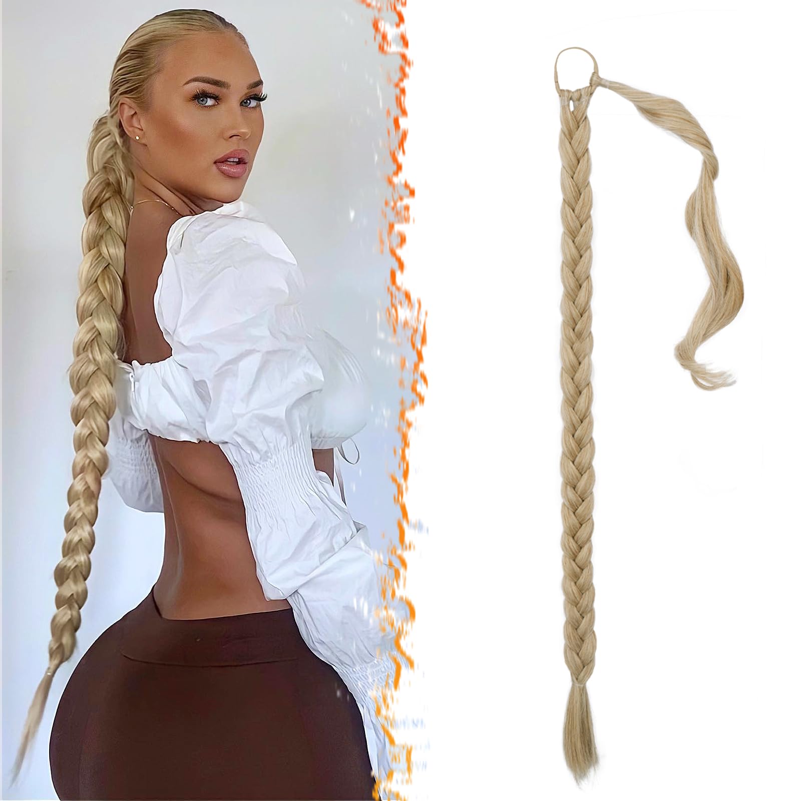 Photo 1 of BARSDAR 30 Inch Long Braided Ponytail Extension - Straight Wrap Around Blonde Braid Ponytail Hair Extensions with Hair Tie - Synthetic Pony Tails Hairpieces for Women - Blonde Mixed