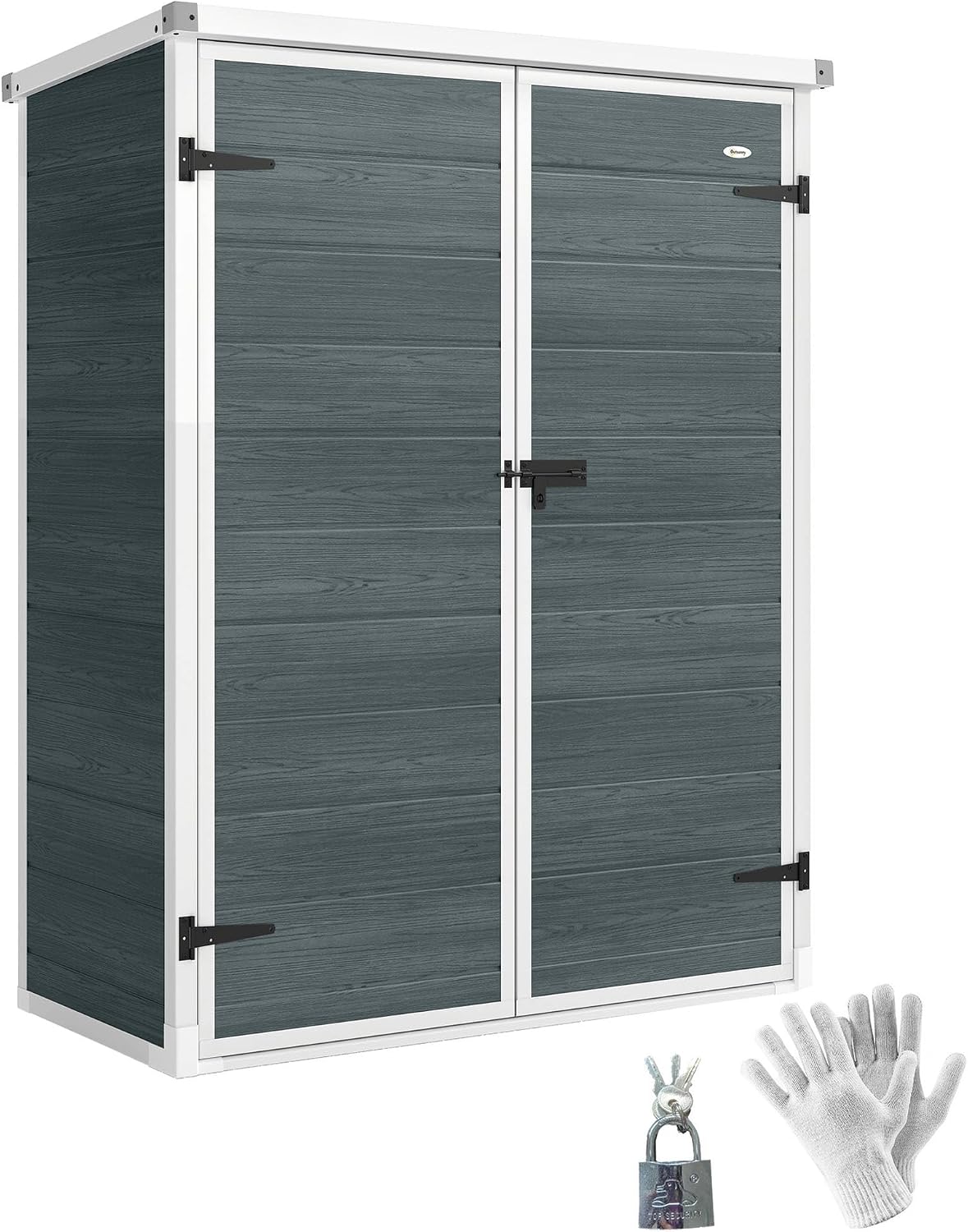 Outsunny 4.4' x 2.3' Plastic Garden Shed, Wood-Effect Outdoor Storage Shed with Floor, 2 Foldable Shelves and Lockable Double Doors for Backyard, Patio, Distressed Grey