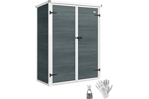 Outsunny 4.4' x 2.3' Plastic Garden Shed, Wood-Effect Outdoor Storage Shed with Floor, 2 Foldable Shelves and Lockable Double