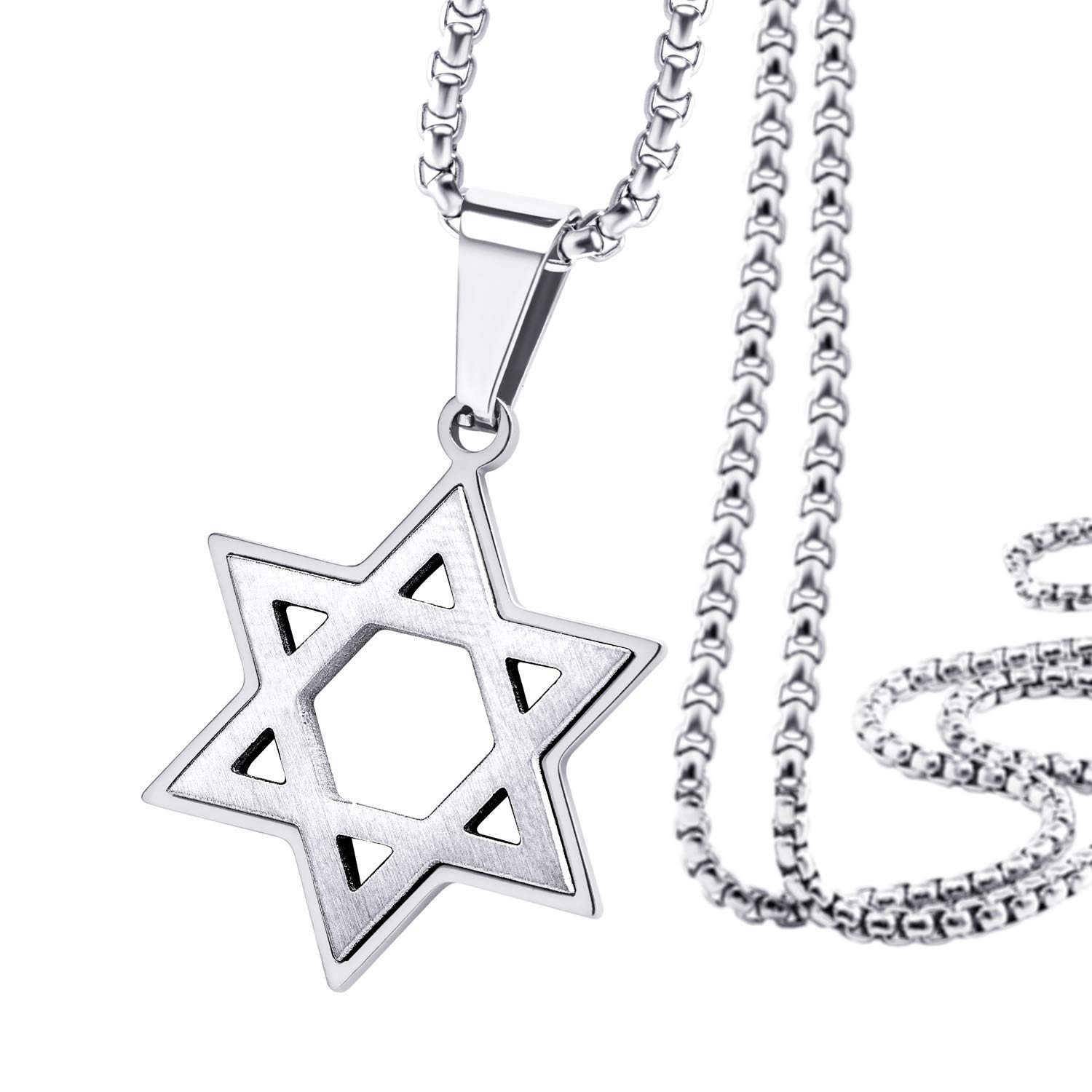 555Jewelry Stainless Steel Star of David Necklace for Men, Box Chain Star Of David Necklace for Women, Small Jewish Star Necklace, Mens Jewish Star Necklace, 24 Inch, Silver
