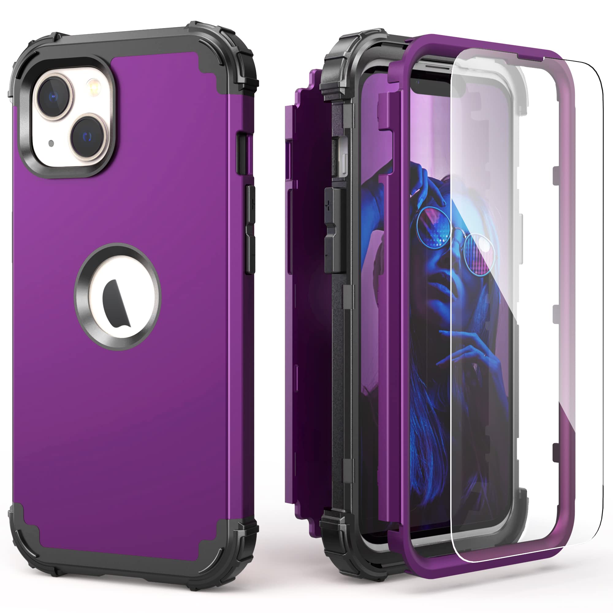 IDweel for iPhone 14 Plus Case with Screen Protector,Luxury 3 in 1 Shockproof Slim Fit Hybrid Heavy Duty Hard PC Cover Soft Silicone Bumper Full Body Anti-Fingerprint Case,Dark Purple