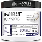 pureSCRUBS Premium Unscented Body Scrub Set - Large 16oz Dead Sea Salt Body Scrub With Infused Essential Oils & Nutrients, Includes Wooden Spoon, Loofah & Oatmeal Exfoliating Bar Soap