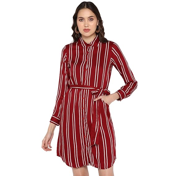 maroon striped shirt dress