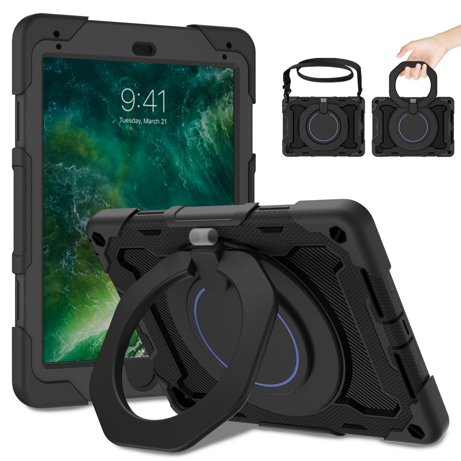 ROISKIN Case for iPad 6th/ 5th Generation 9.7 Inch 2017/2018 with Screen Protector: Heavy Duty Rugged Cover for iPad Air 2/ Pro 9.7 Kids Case, Pencil Holder, Rotating Stand, Shoulder Strap - Black — image 1